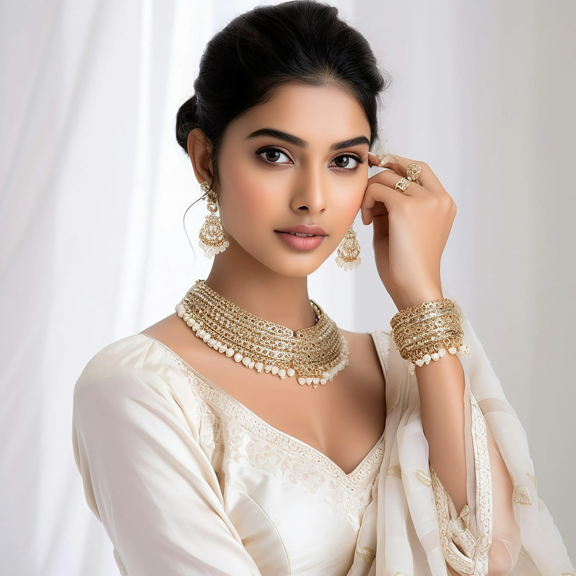 A beautiful woman in a white dress posing for a picture