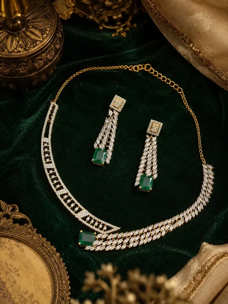 Green Stone - AD Diamond CZ Anti-Tarnish Necklace Set