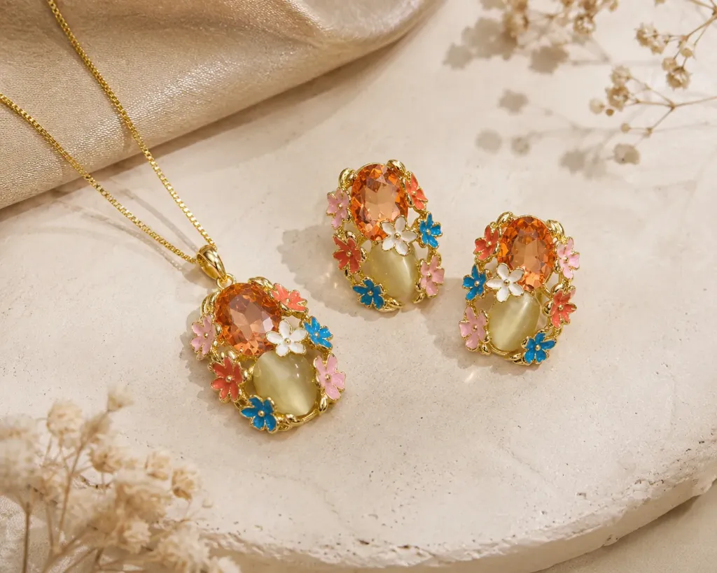 Beige Gemstone Floral Necklace
